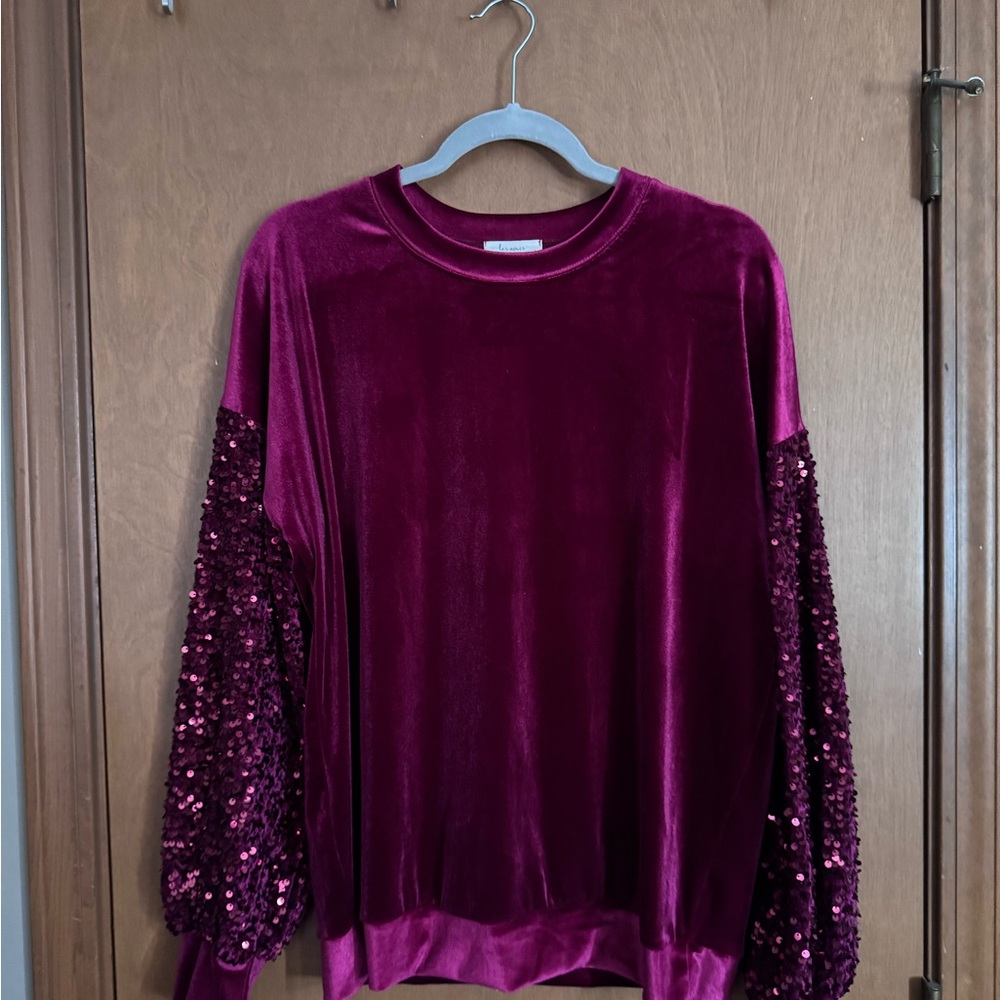Velvet Sequin Sleeve Top in Burgundy, size L. Boutique bought. Worn once